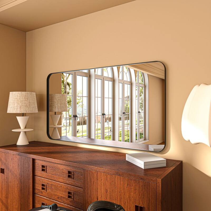 Organnice Rectangular Aluminum Framed Modern Rounded Wall Mount Mirror