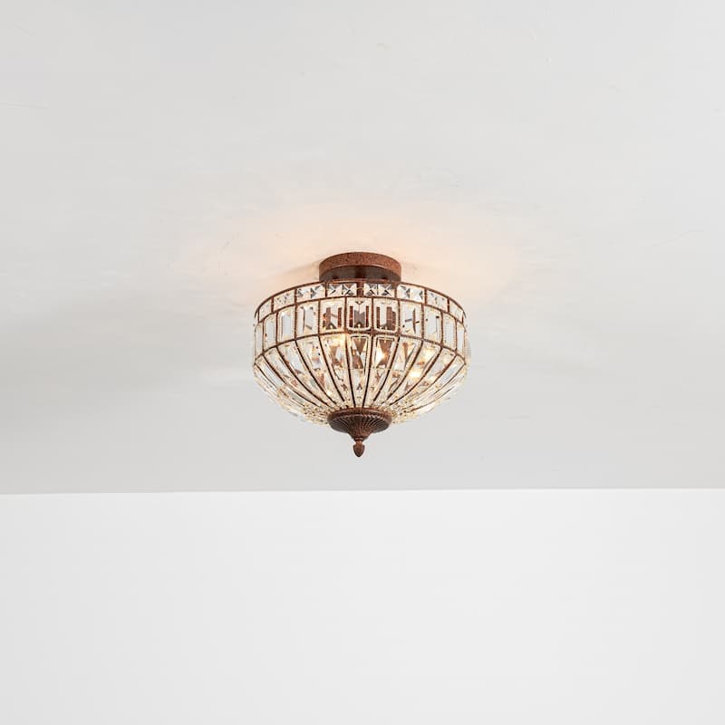 15.6" 3-Light Retro Rust-Colored Bowl Shaped Faceted Clear Crystal Semi-Flush Mount Ceiling Light for Bedroom, Kitchen - Brown/Clear - 15.6 in. W x 10.2 in. H x 15.6 in. D