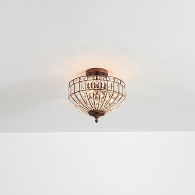 15.6" 3-Light Retro Rust-Colored Bowl Shaped Faceted Clear Crystal Semi-Flush Mount Ceiling Light for Bedroom, Kitchen