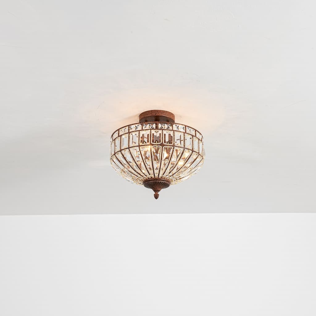 15.6" 3-Light Retro Rust-Colored Bowl Shaped Faceted Clear Crystal Semi-Flush Mount Ceiling Light for Bedroom, Kitchen