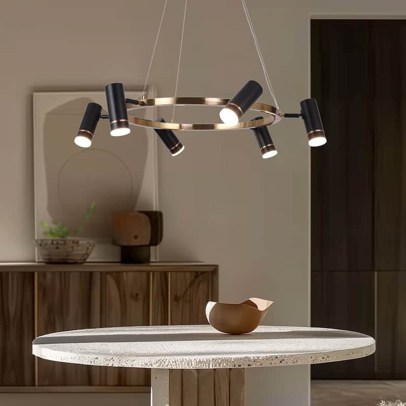 Modern 6-Light Black LED Chandelier Wagon Wheel Pendant Lights for Dining Room - 31.5 "