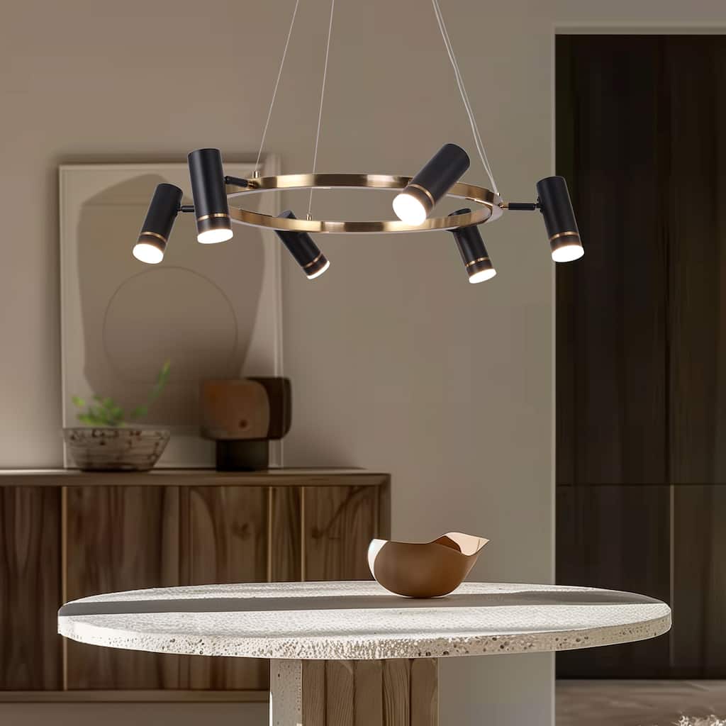 Modern 6-Light Black LED Chandelier Wagon Wheel Pendant Lights for Dining Room - 31.5 "