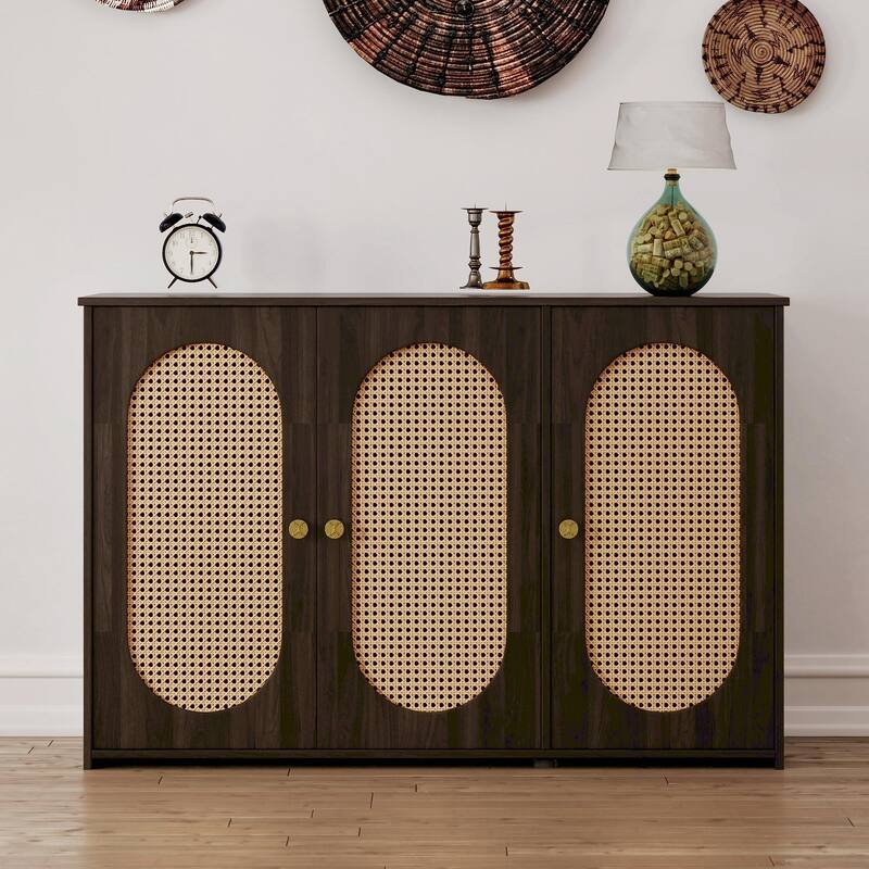 Retro 3-Door Sideboard - Large Storage with Rattan Doors and Metal Handles