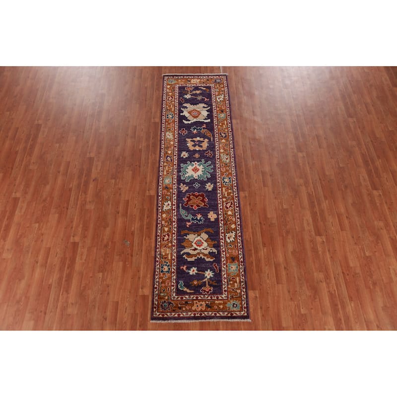 Hand Knotted Oriental 100% Wool Carpet Transitional Floral Purples Oushak Runner Rug - 9' 11'' X 2' 8''