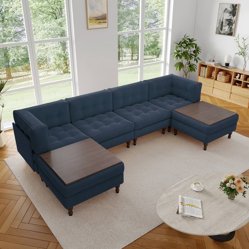 130"W Corduroy Upholstered Modular Sectional Sofa with Storage Ottoman