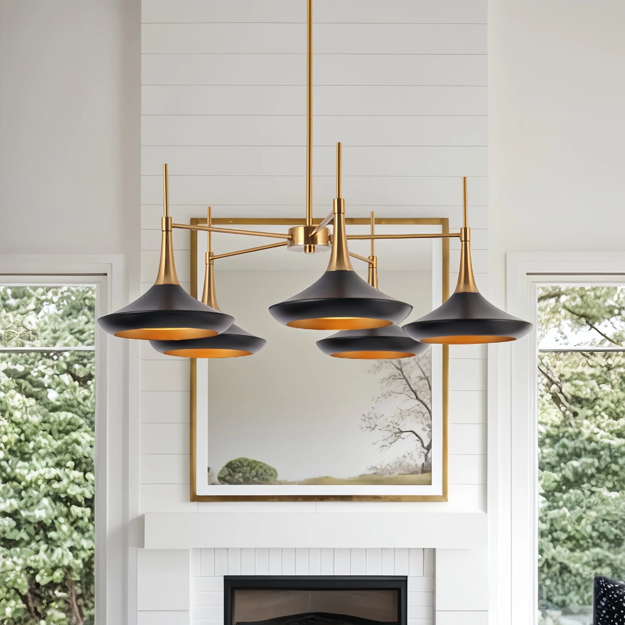 Conia Mid-Century Modern Black 5-Light Wheel Chandelier for Dining Room Kitchen