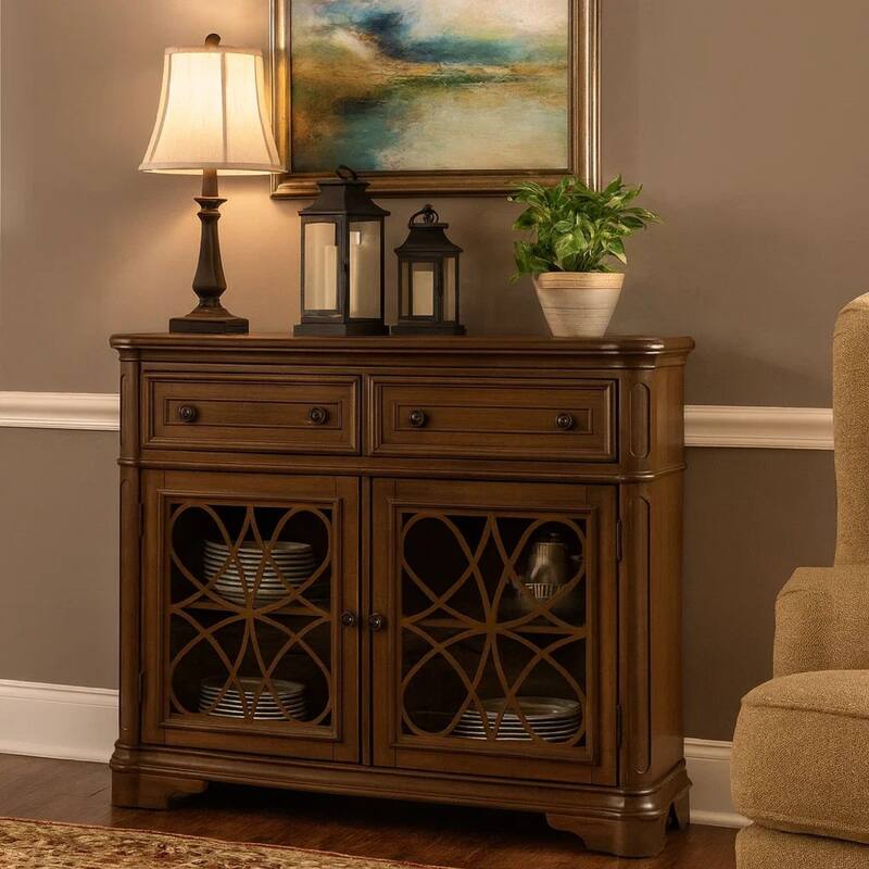 Traaditional Style Wooden Server with Two Spacious Drawers, Brown