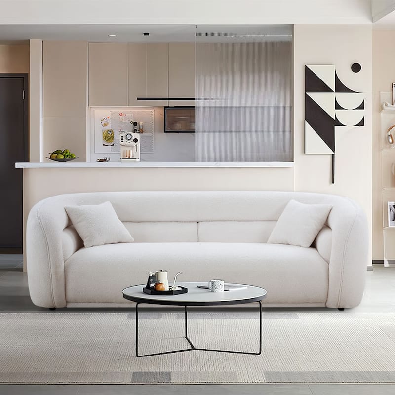 Modern Contemporary 91" Upholstered Curved Sofa With 2 Pillows for Living Room - White