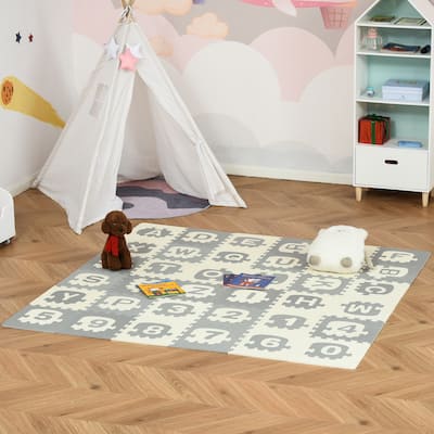Qaba Kids Foam Puzzle Floor Tiles Baby Toddler Educational Play Mat 36 Pcs 12.5" x 12.5 35SqFt EVA - 71.75"L x 71.75"W x 0.4"H