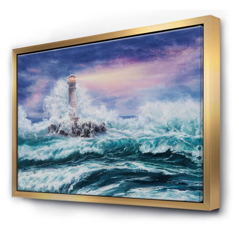 Designart "Lighthouse Wild Blue Ocean Waves" Nautical & Coastal Framed Canvas Wall Art Print