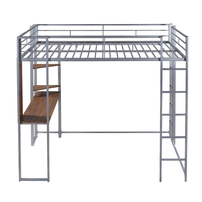 Full Size Metal Loft Bed with Desk and Shelves, Integrated Ladder and Guardrails