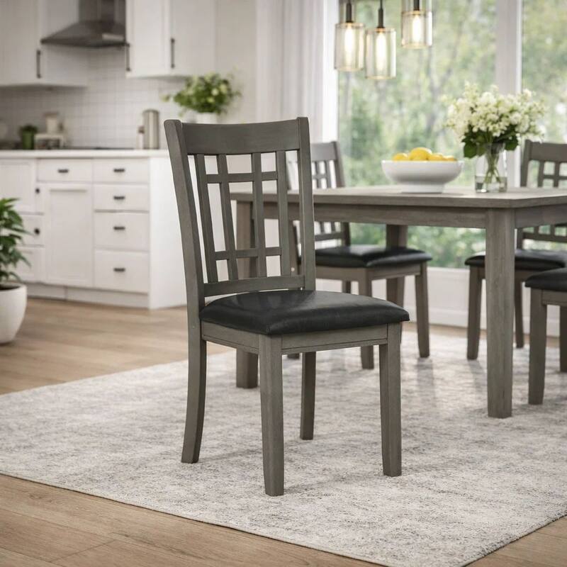 Cutout Back Wooden Dining Chair with Leatherette Seat, Gray and Black, Set of Two