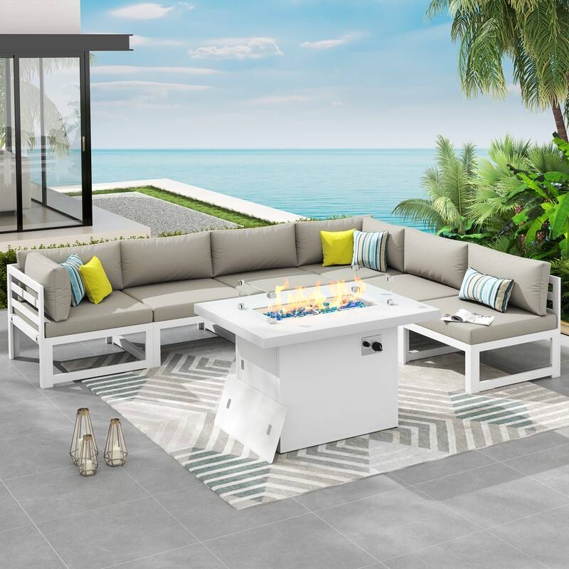 7 Piece Aluminum Patio Furniture Set with Fire Pit Propane/Gas, 29 inch Deep Wide Seat Aluminum Outdoor Sectional - White Frame - Beige