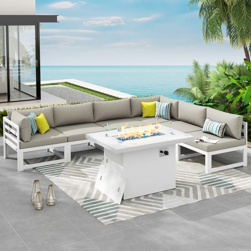 7 Piece Aluminum Patio Furniture Set with Fire Pit Propane/Natural Gas, 29 inch Deep Wide Seat Aluminum Outdoor Sectional
