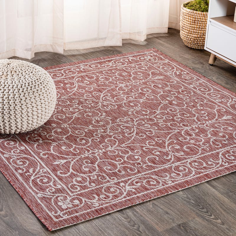 JONATHAN Y Filigree Textured Weave Indoor/Outdoor Area Rug - 6' Square - Red/Beige