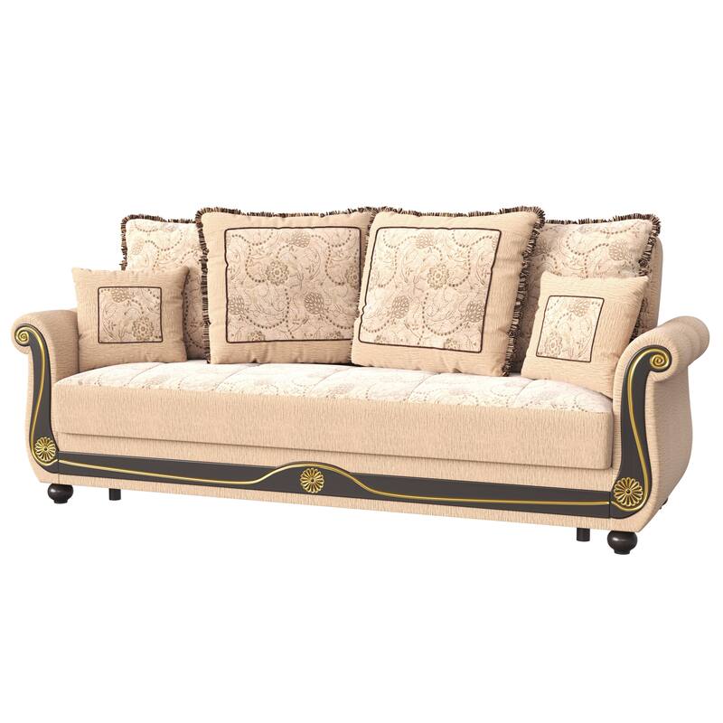 HomeRoots 95" Beige Chenille Convertible Futon Sleeper Sofa And Toss Pillows With Storage