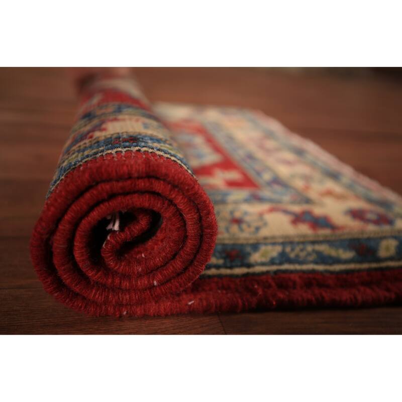 Geometric Kazak Accent Rug Traditional Handmade Red Wool Carpet - 2'0" x 3'0"