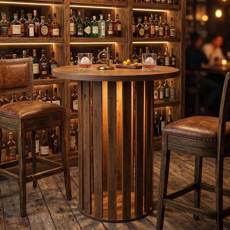 Round Bar Table, 37.4" High Bistro Pub Table for Kitchen, Dining Room, Home Bar - 31.5" D x 31.5" W x 37.4" H