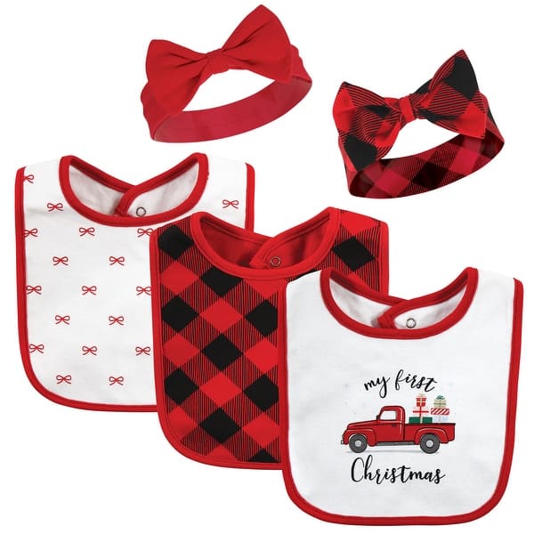 slide 1 of 1, Hudson Baby Infant Girls Cotton Bib and Headband or Caps Set, Red Truck Bows, One Size - Red Truck Bows - One Size One Size - Red Truck Bows