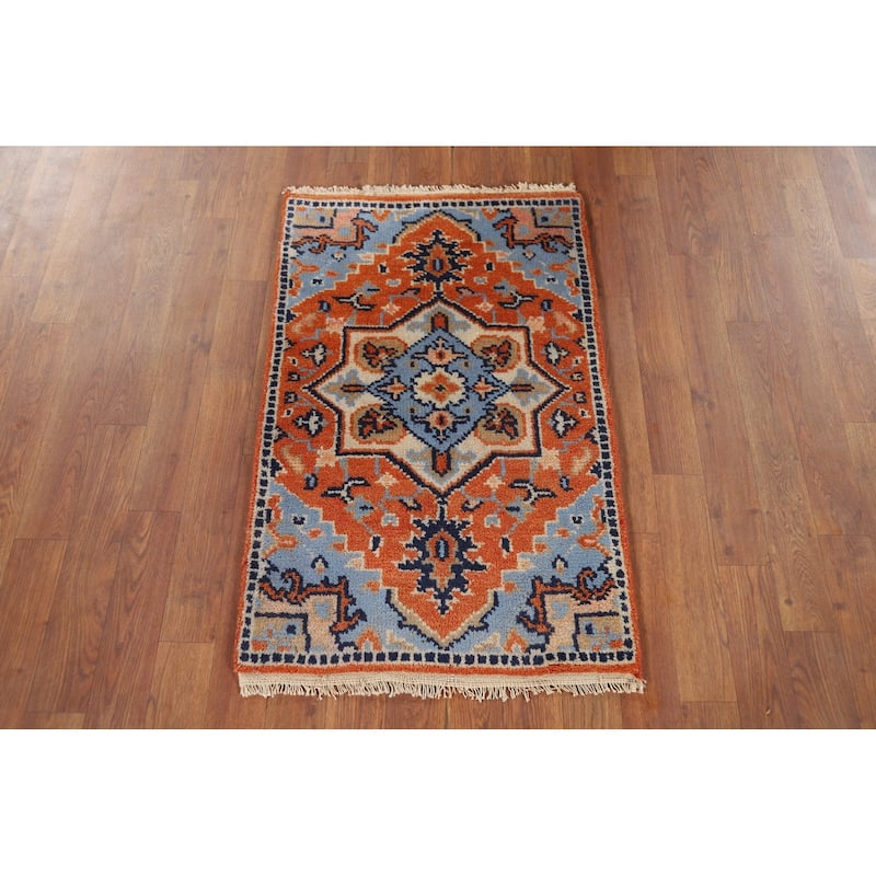 Orange & Blue Kazak Indian Foyer Rug Hand-Knotted Wool Carpet - 2'0" x 3'0"