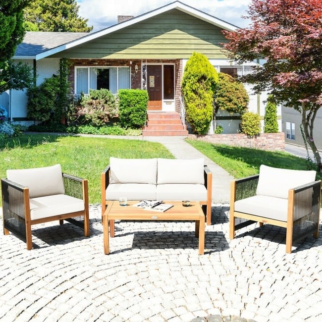 4 Pcs Acacia Wood Outdoor Patio Furniture Set with Cushions - 52" x 26" x 25" (L x W x H)