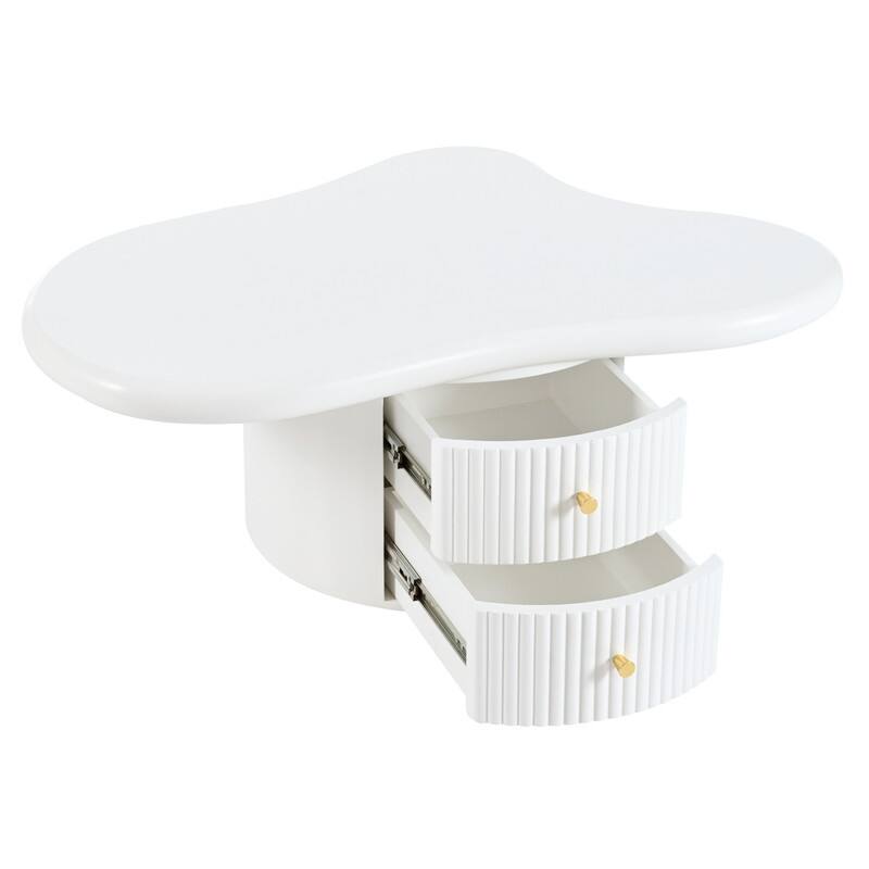 Cream Style Cloud-Shaped Coffee Table Set of 3, Irregular Design Cocktail End Table with Storage Drawer & 2 Small Stools