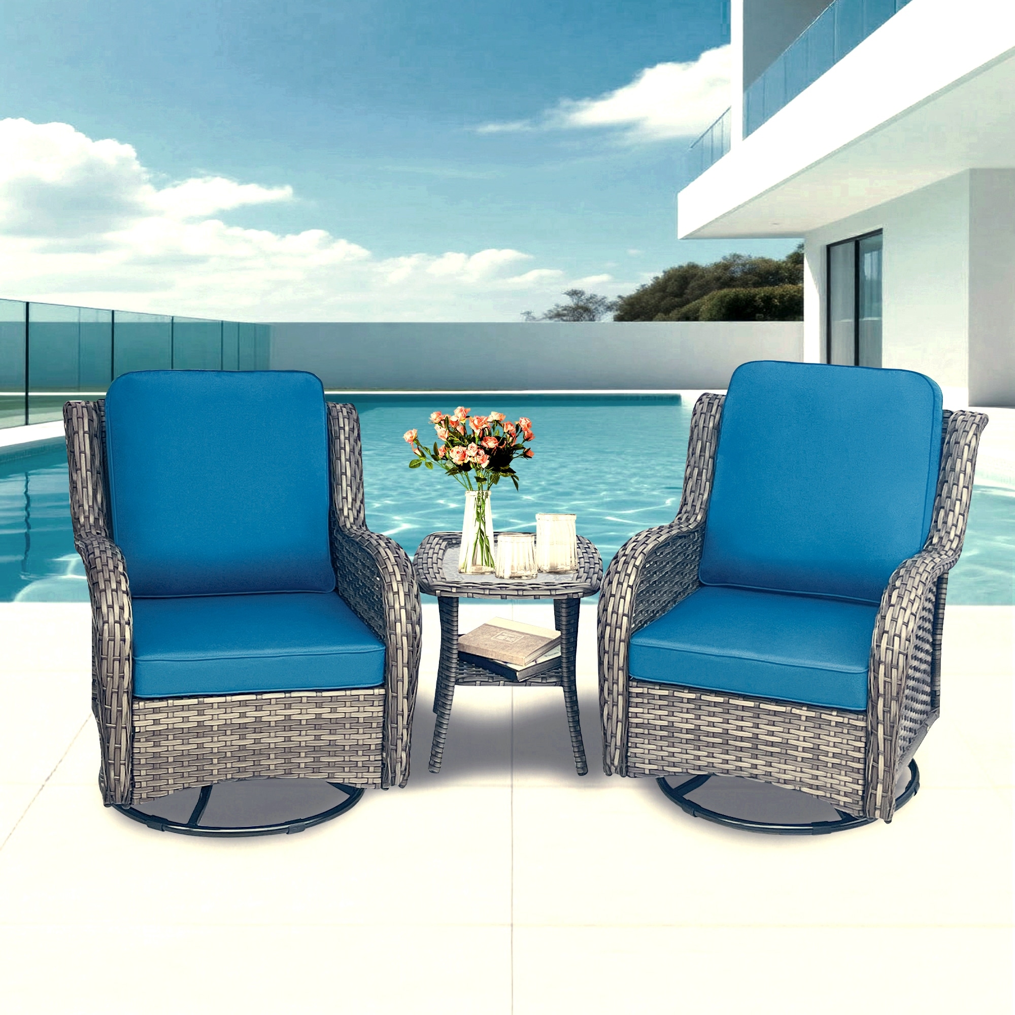 Outdoor Sectional Conversation Sets with 2 Swivel Rocking Chairs, Blue Grey Patio Chat Set with Side Table
