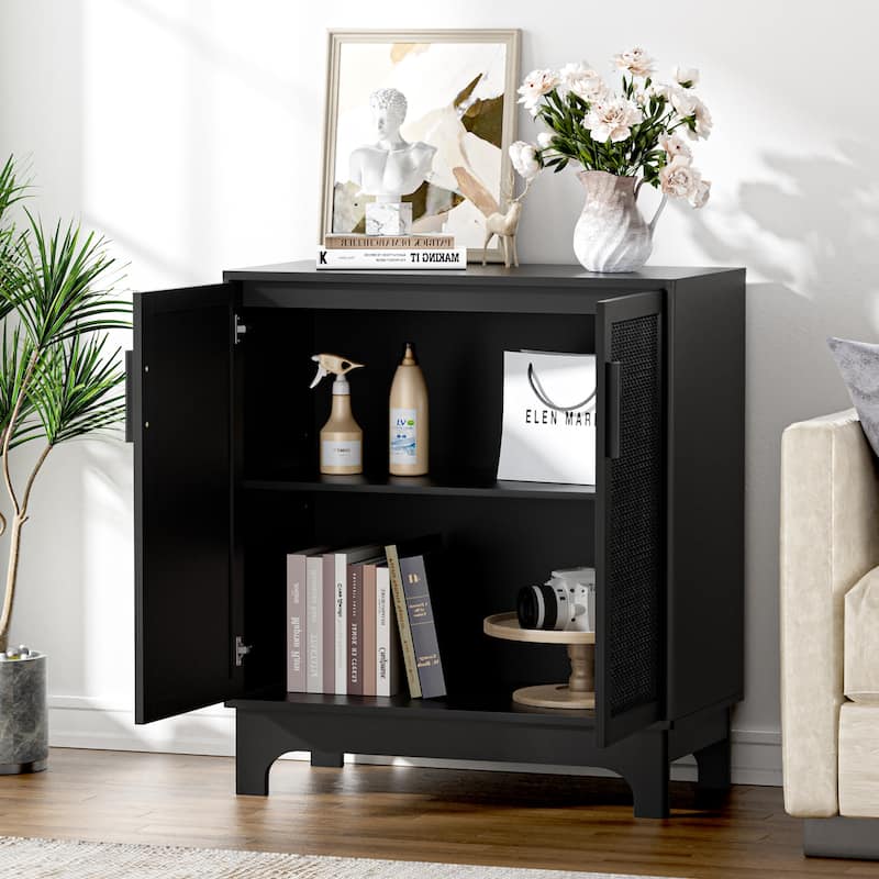 Anmytek Modern 2-Door Black Buffets Sideboards Rattan Kitchen Storage Cabinet with Adjustable Shelf - 31.5" W x 15.7" D x 35" H