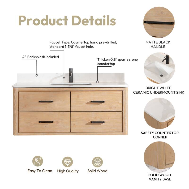 Cristo Floating Bath Vanity with White Quartz Stone Top without Mirror