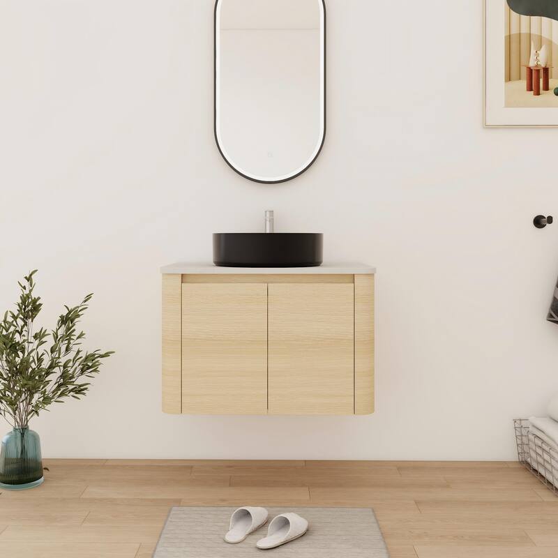 Bathroom Vanity With Sink In 24/30 Inch, Floating Bathroom Vanity With Soft Close Door - 29.5''W×18.6''D×24.4''H - White Oak-Matt Black Sink