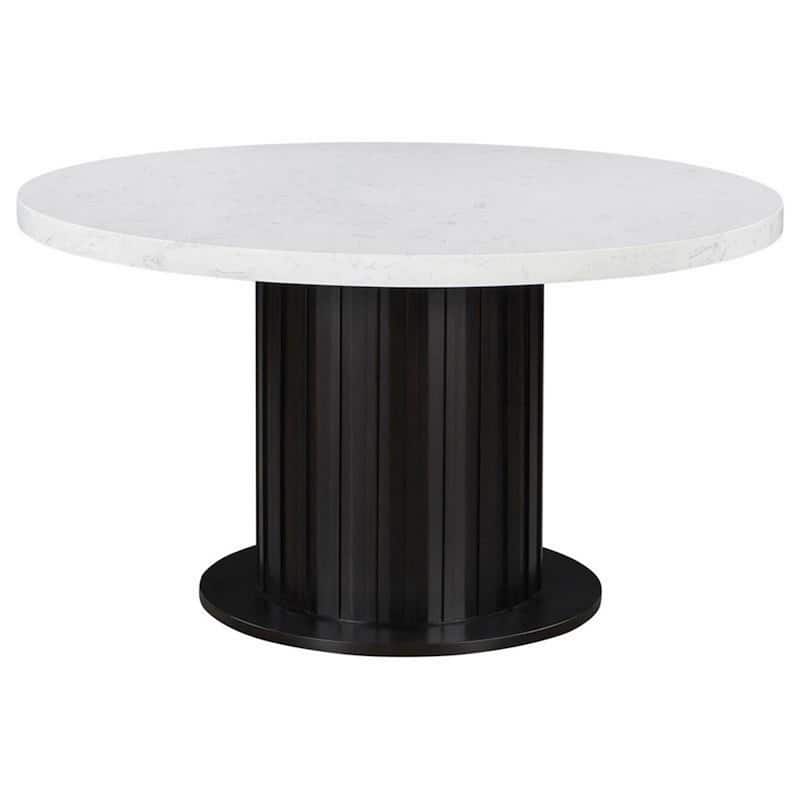 Shoy 54 Inch Round Dining Table, Cultured Marble Top, Espresso Brown Wood