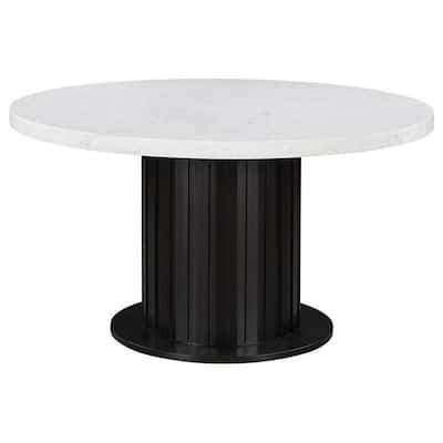 Shoy 54 Inch Round Dining Table, Cultured Marble Top, Espresso Brown Wood