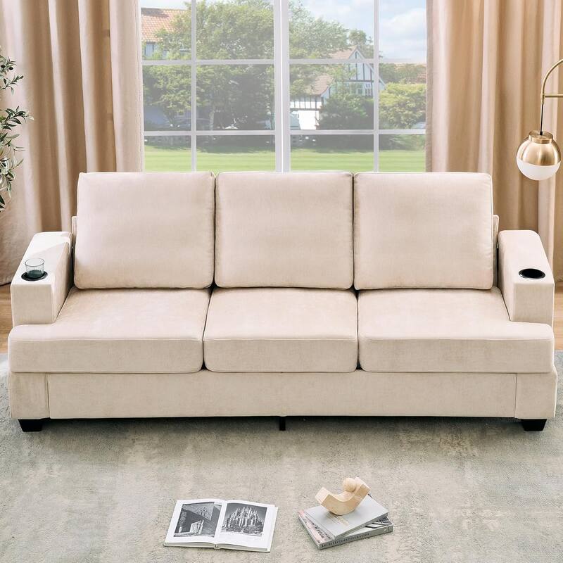 89" 3-Seater Sofa, Deep Seat Sofa, Modern Comfy Couches for Living Room with Cup Holders