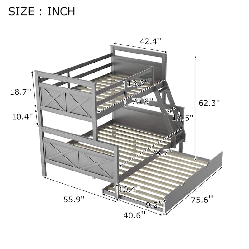 Twin over Full Bunk Bed with Ladder, Twin Size Trundle