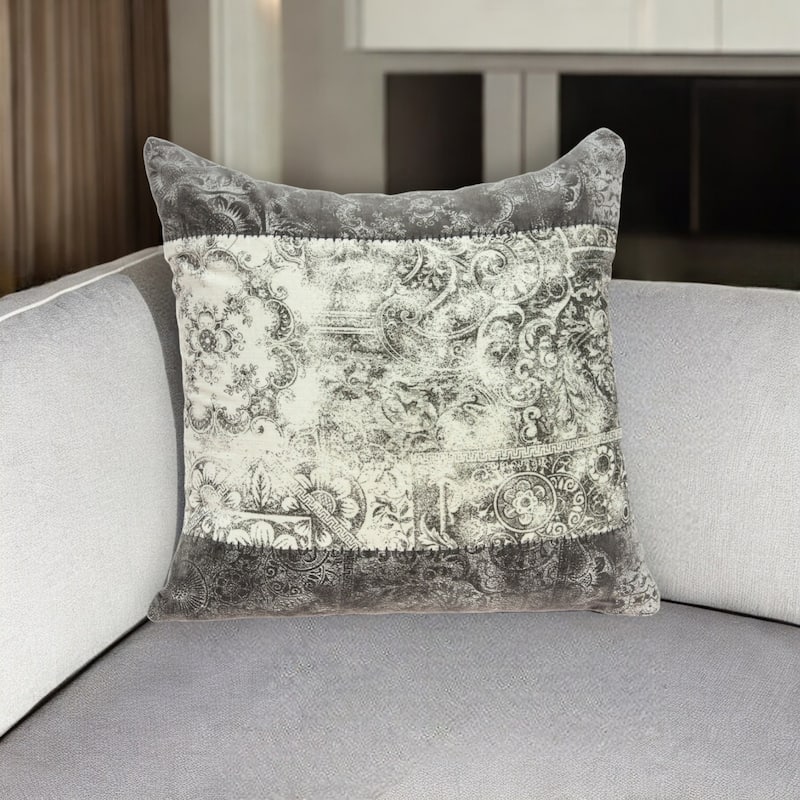 HomeRoots 20" Beige and Gray Damask Cotton Throw Pillow - Accent - Polyester