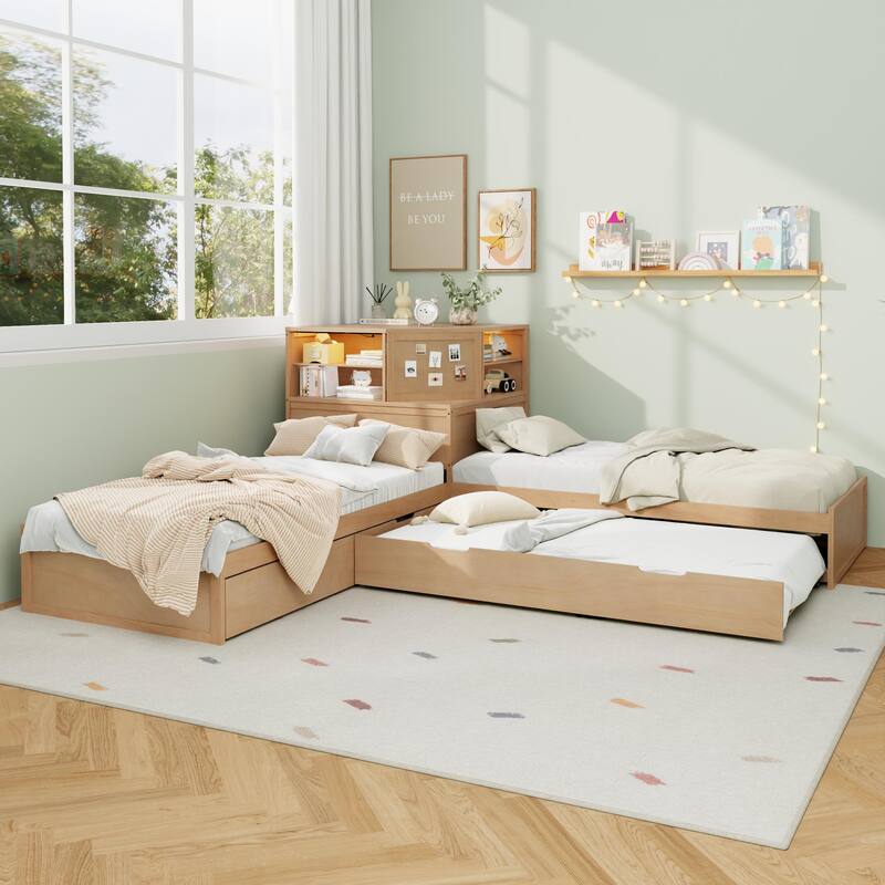 All-in-one Low Profile Platform Bed with Trundle and Drawer, Wooden Floor Bed Linked Corner Bed Built-in Desk and Led Downlight