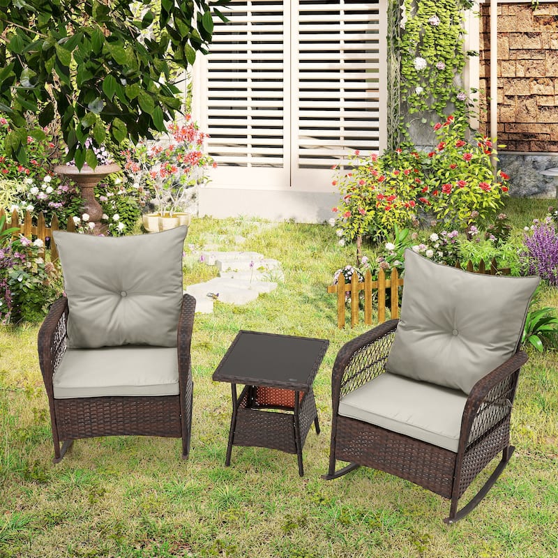 3-Piece Outdoor Rocking/Swivel Chair Set - PE Rattan Patio Furniture with Cushions & Coffee Table, Rocker Chairs for Backyard