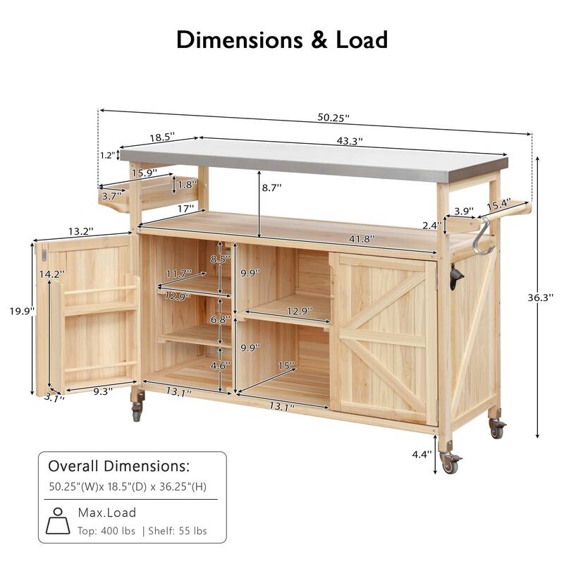 50.25'' Rubber Wood Kitchen Island with Spice Rack , Towel Rack, and Rolling Wheels - 50.25'' x 18.5'' x 36.25''