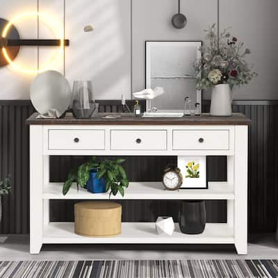 Solid Pine Wood Top Console Table with 3 Drawers and 2 Shelves
