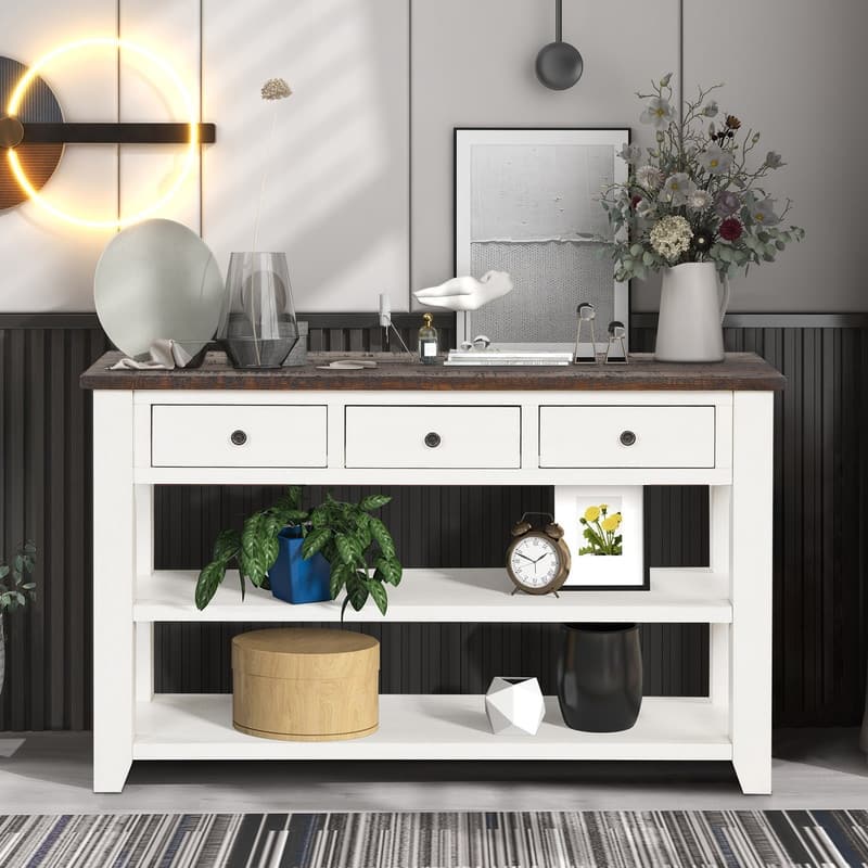 Solid Pine Wood Top Console Table with 3 Drawers and 2 Shelves
