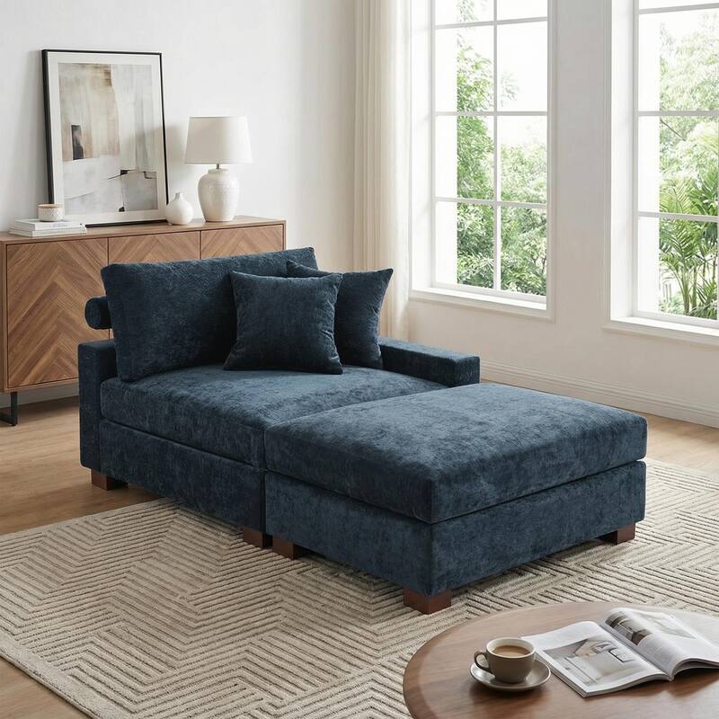 Modern Chenille Chaise Lounge Set with Ottoman