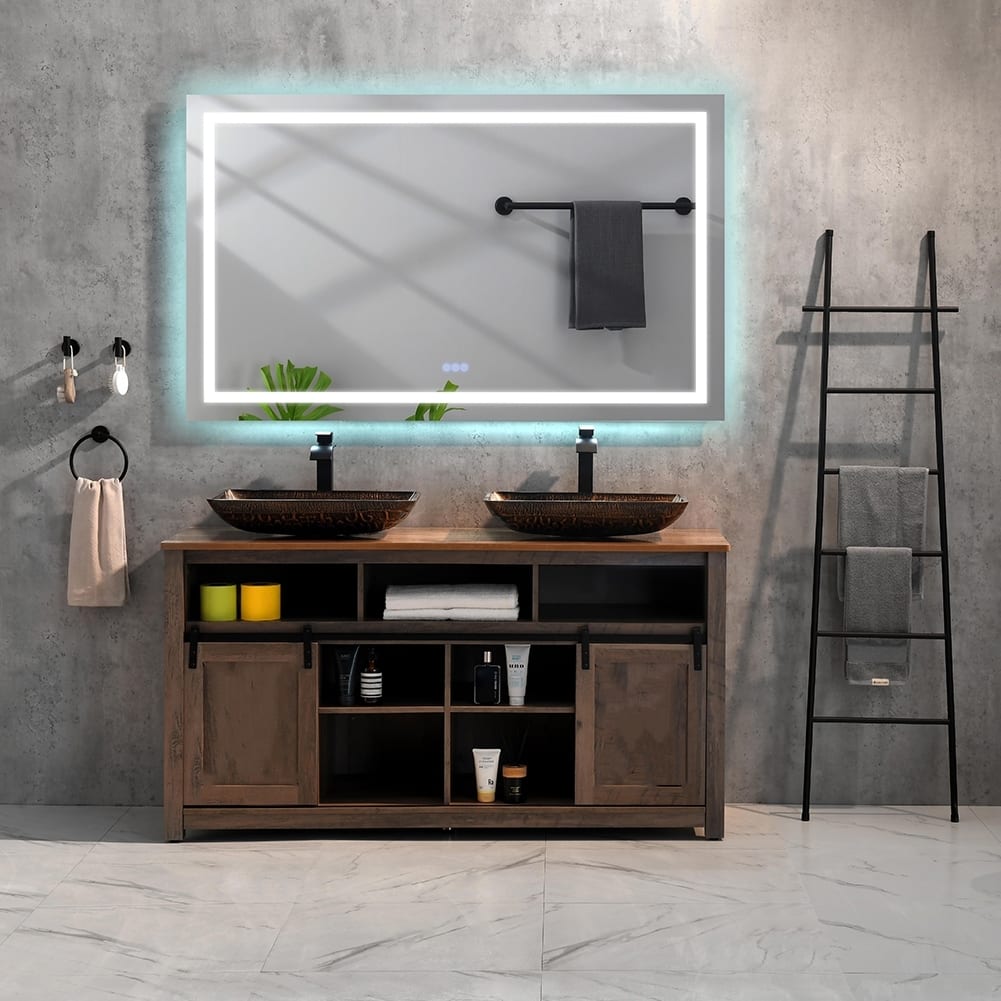 72x30 Inch Frameless LED Single Bathroom Wall Mirrors With 3 Color Lights Rectangle Wall Vanity Mirror