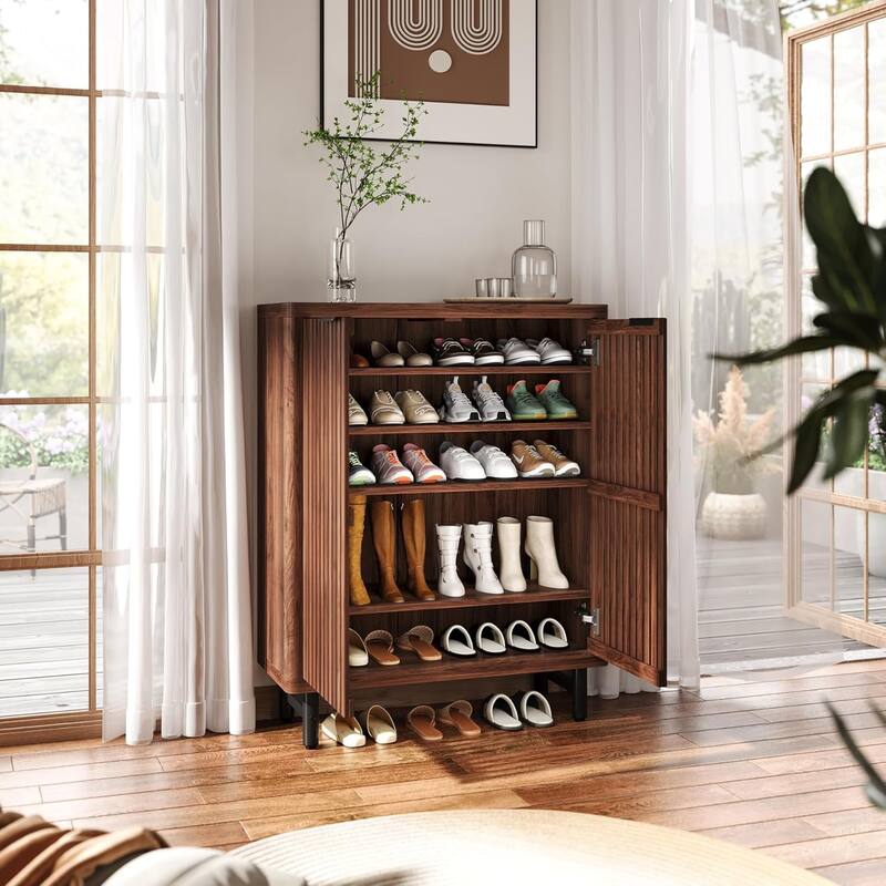 6-Tier Shoe Cabinet with Shutter Doors Adjustable Shelves Wooden Storage Cabinet for Entryway/Hallway/Closet/Living Room