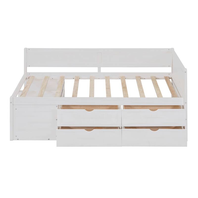 Twin/Full Size Daybed with 4 Storage Drawers and Shelves, Wooden Platform Bed Frame Corner Bed with L-Shaped Headboard and Slats