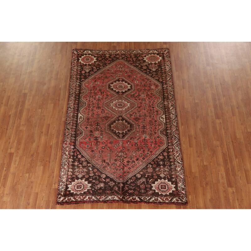 Vegetable Dye Qashqai Persian Antique Rug Hand-knotted Wool Carpet - 5'4"x 8'4"