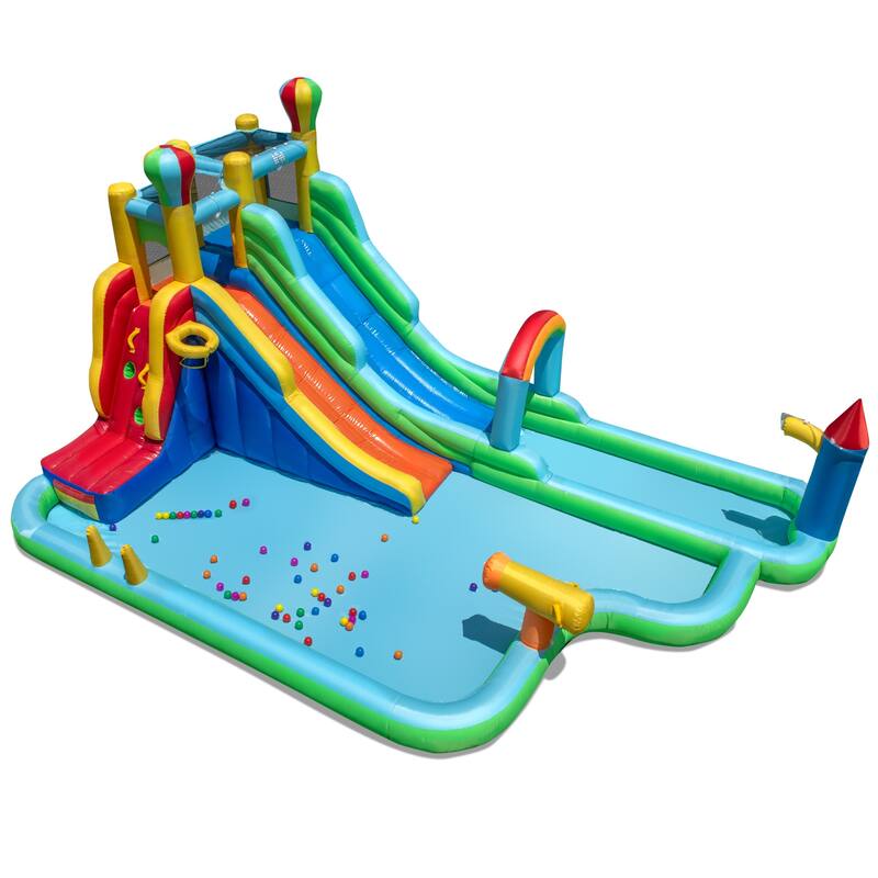 Large Inflatable Water Slide Park with Dual Slides Climbing Wall Pools and Water Cannon for Kids - 225" x 145.5" x 105"