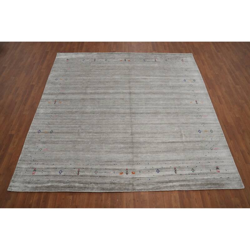 Hand Knotted Oriental Viscose Silk Carpet Tribal Animal Pictorial Greys & Charcoal Gabbeh Area Rug - 8' 9'' X 8' 9''