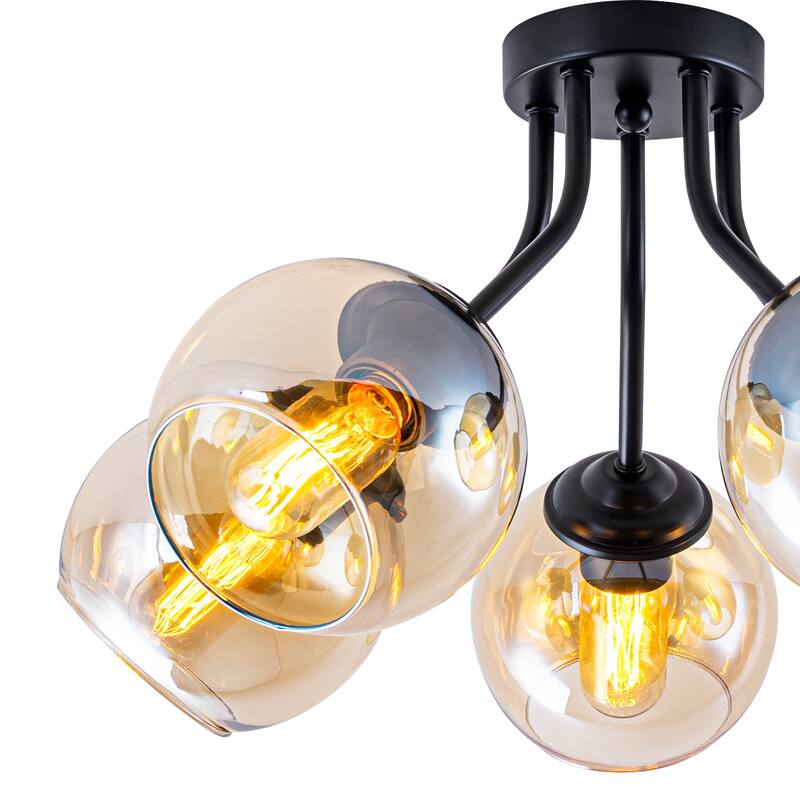 5 Lights Semi-Flush Mount Ceiling Light with Amber Glass Shade Sputnik - Dia.20.47-in
