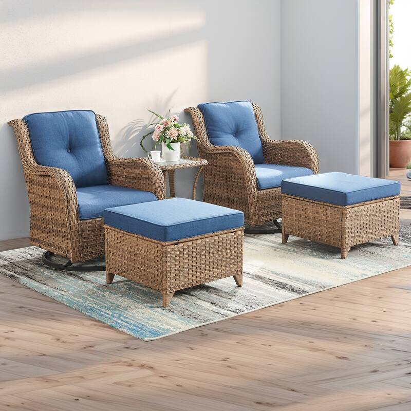 Pocassy 5-Piece Outdoor Furniture Set, Swivel chairs with Ottomans - Yellow/Blue