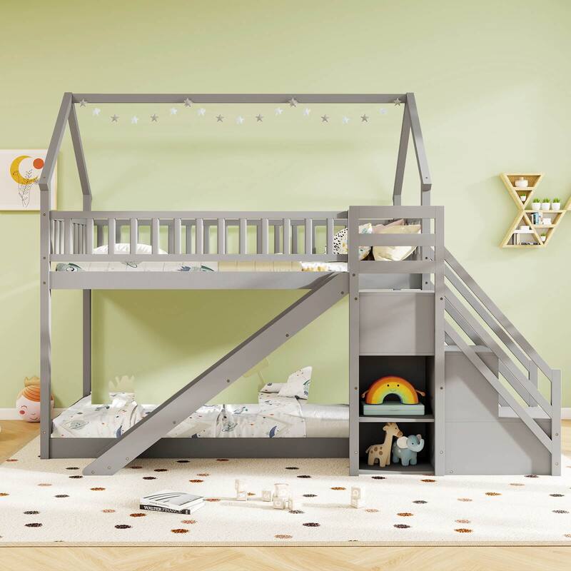 Costway Twin Over Twin Bunk Bed with Slide & Staircase with Storage - See Details